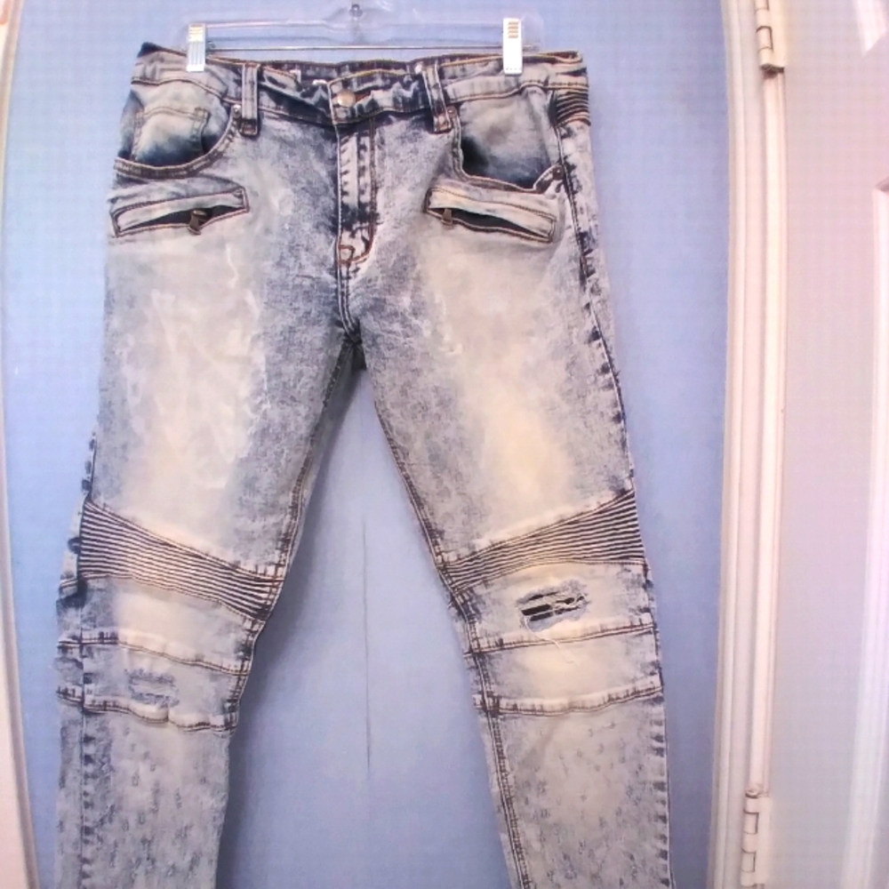 Distressed Acid Wash Moto Jeans with‎ Ribbed Knee Panels Streetwear Biker Denim